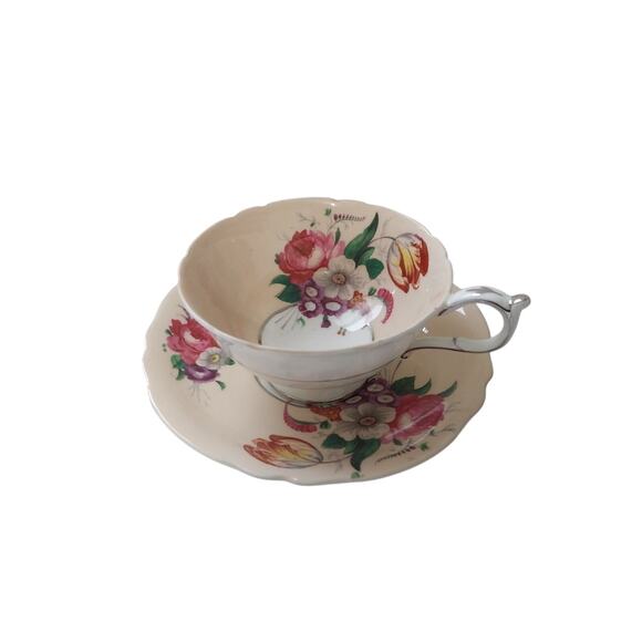 Vintage Paragon Double Warrant Bone China Peach Floral Teacup & Saucer - Picture 1 of 6